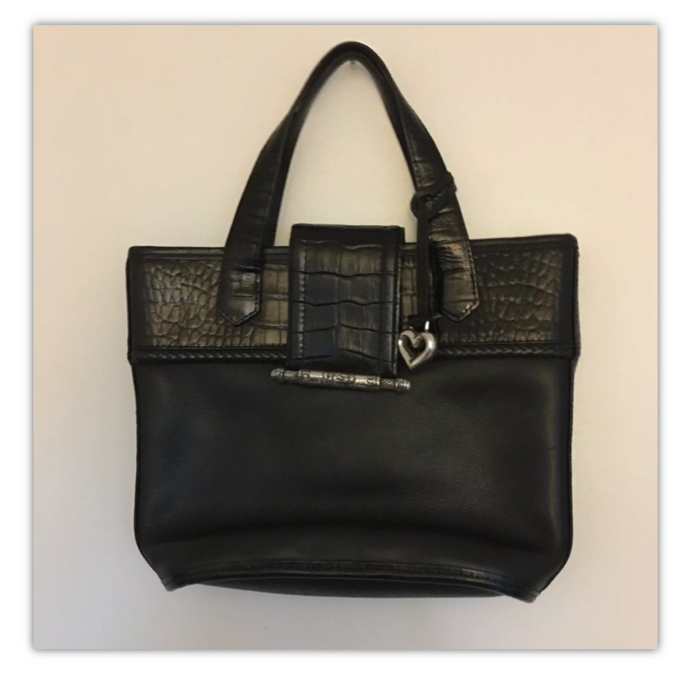 Brighton Handbag Purse Vintage Black Leather W Stamped Croc Style Accent Logo